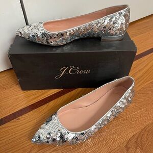 J Crew pointy toe ballet flat in silver sequins